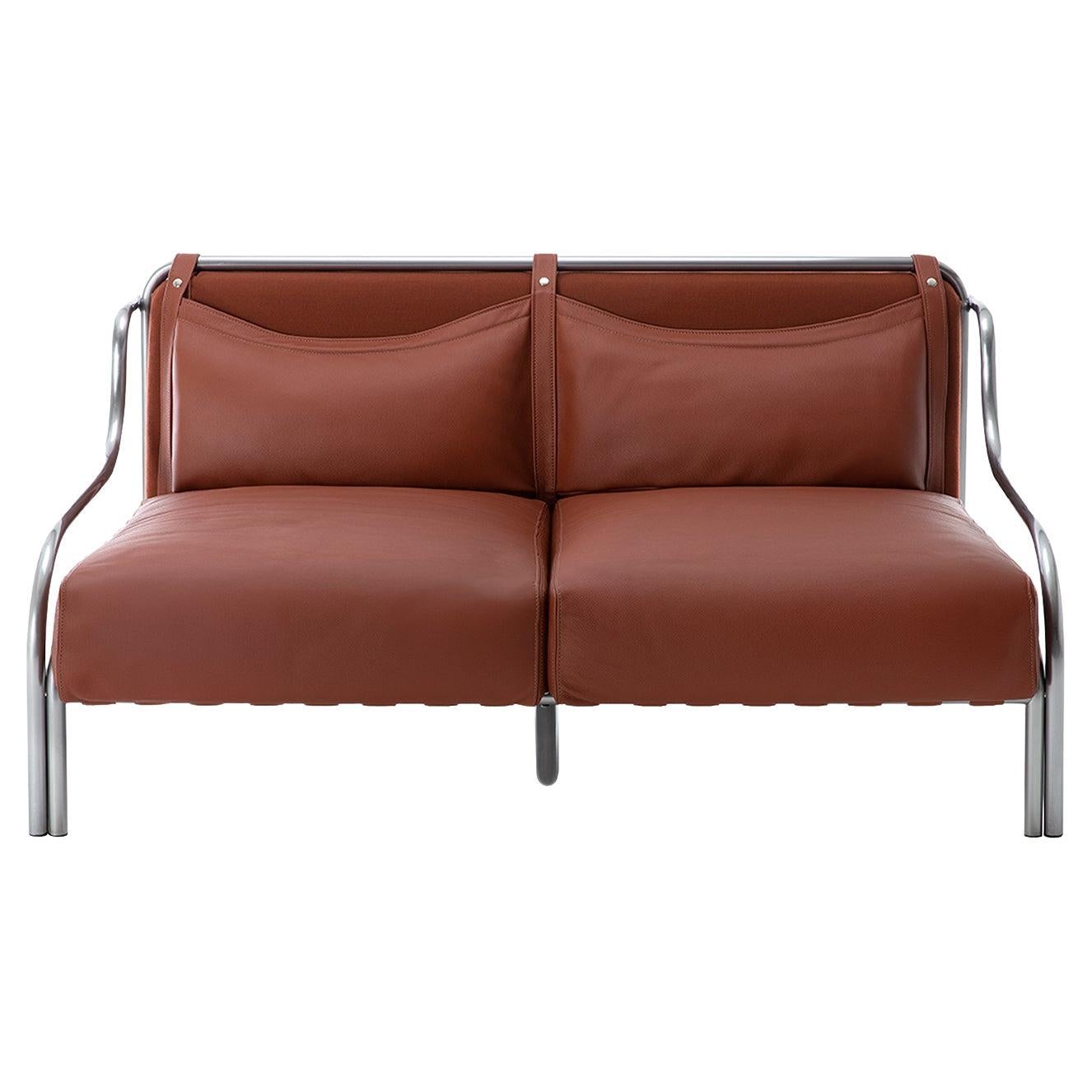 Stringa 2-Seater Brown Leather & Steel Sofa by Gae Aulenti