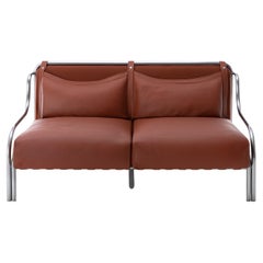 Stringa 2-Seater Brown Leather & Steel Sofa by Gae Aulenti