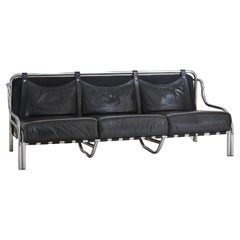 Stringa' Black Leather + Chrome Sofa by Gae Aulenti for Poltronova, Italy 1962