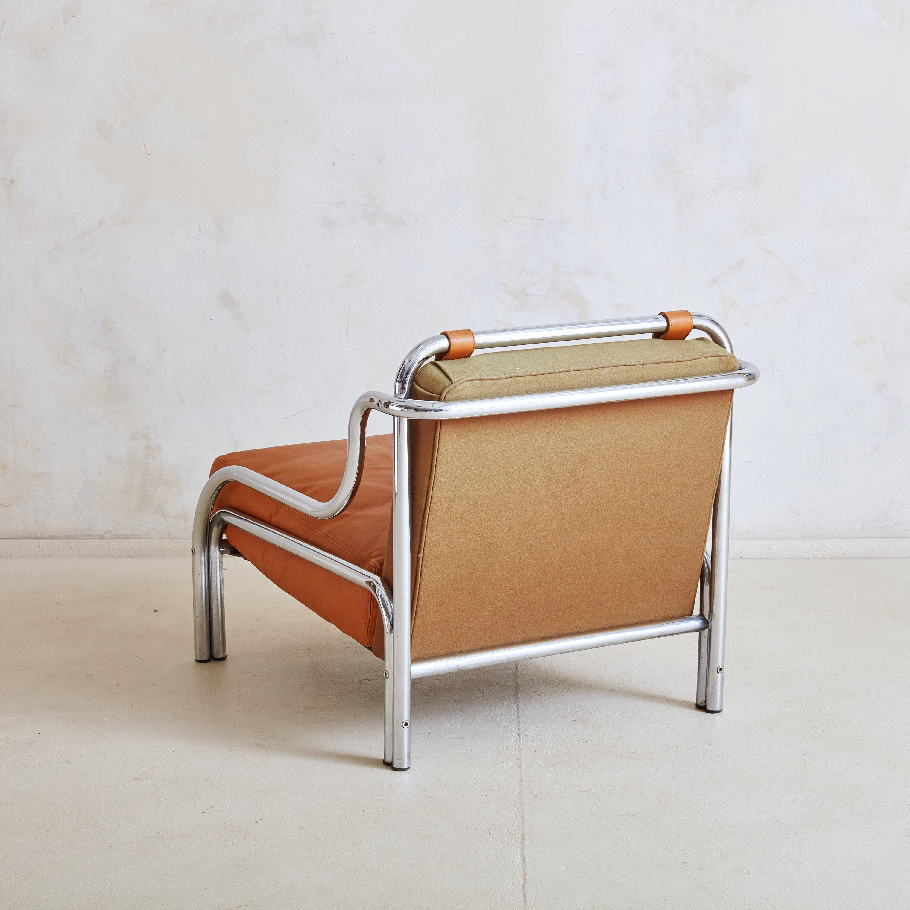 Modern Stringa' Cognac Leather + Chrome Armchair by Gae Aulenti for Poltronova, Italy