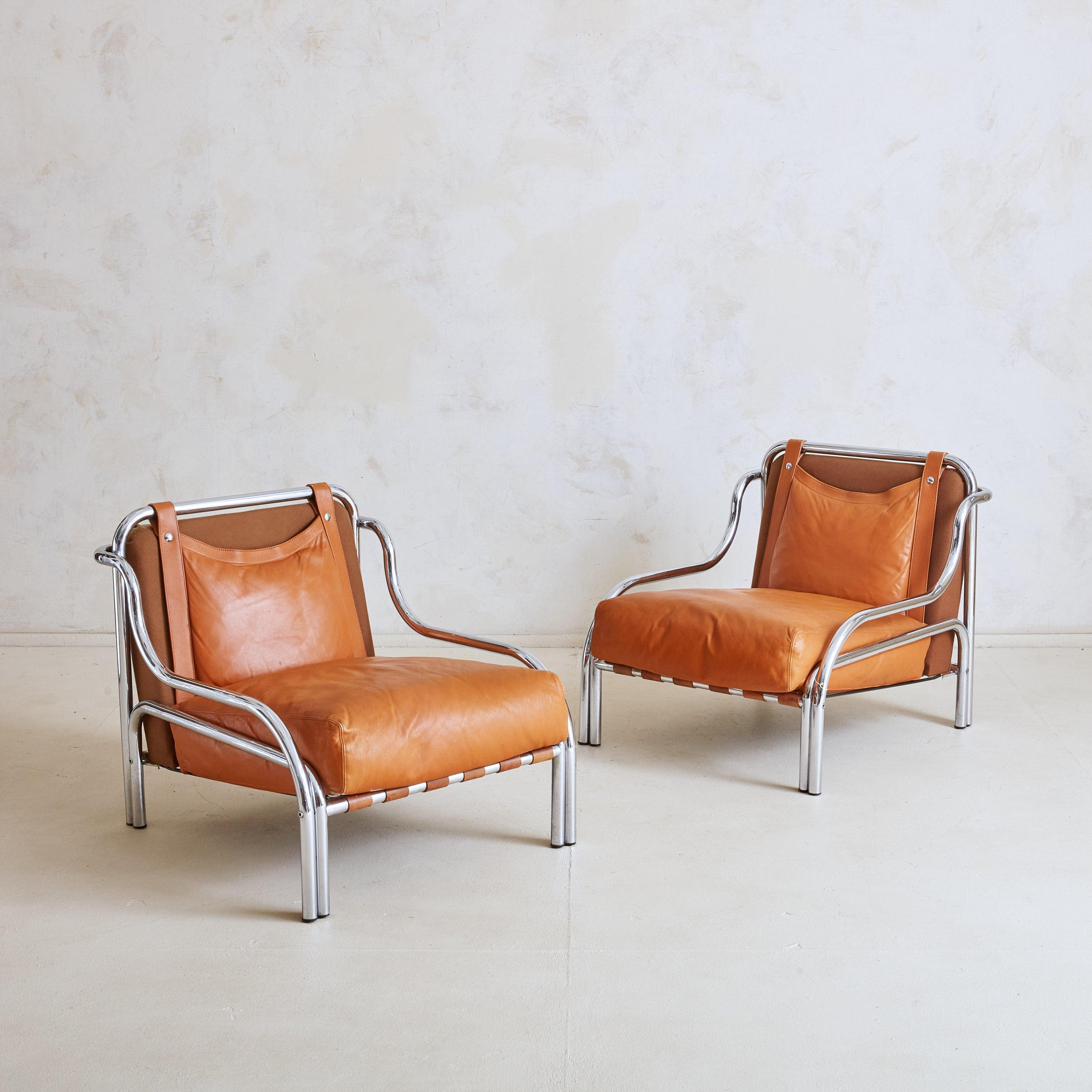 Italian Stringa' Cognac Leather + Chrome Armchair by Gae Aulenti for Poltronova, Italy