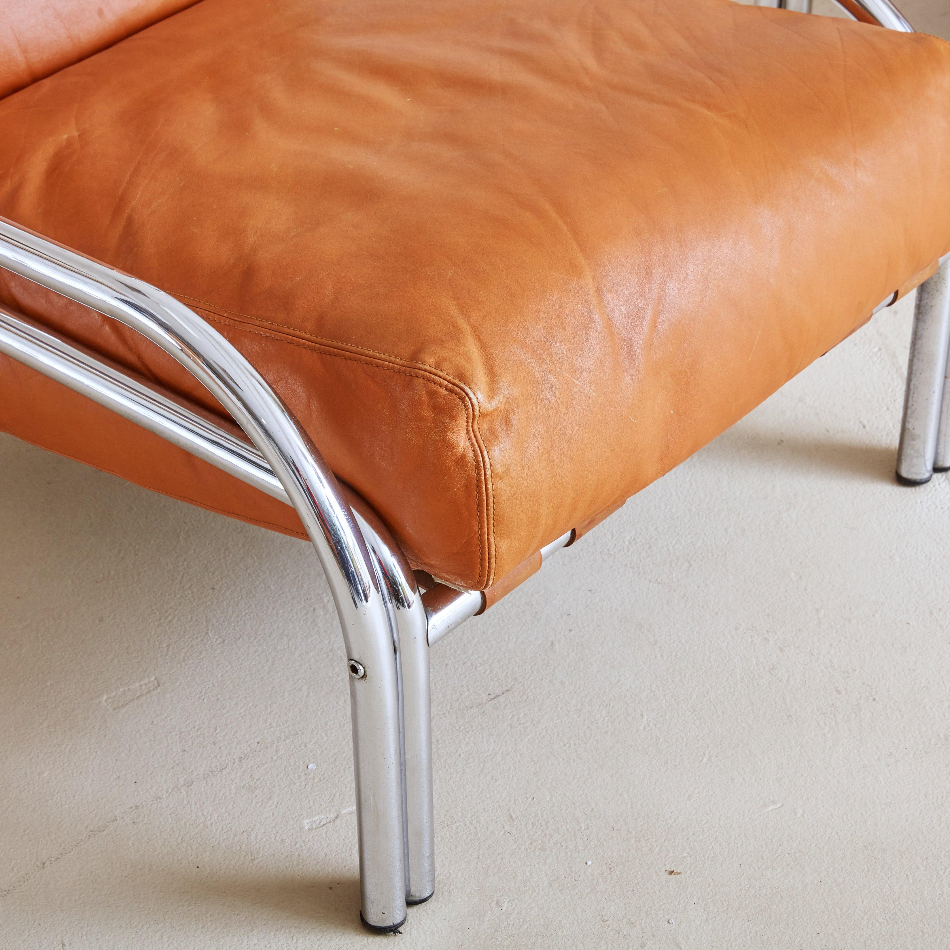 Mid-20th Century Stringa' Cognac Leather + Chrome Armchair by Gae Aulenti for Poltronova, Italy