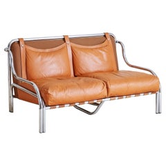 Stringa' Cognac Leather + Chrome Loveseat by Gae Aulenti for Poltronova