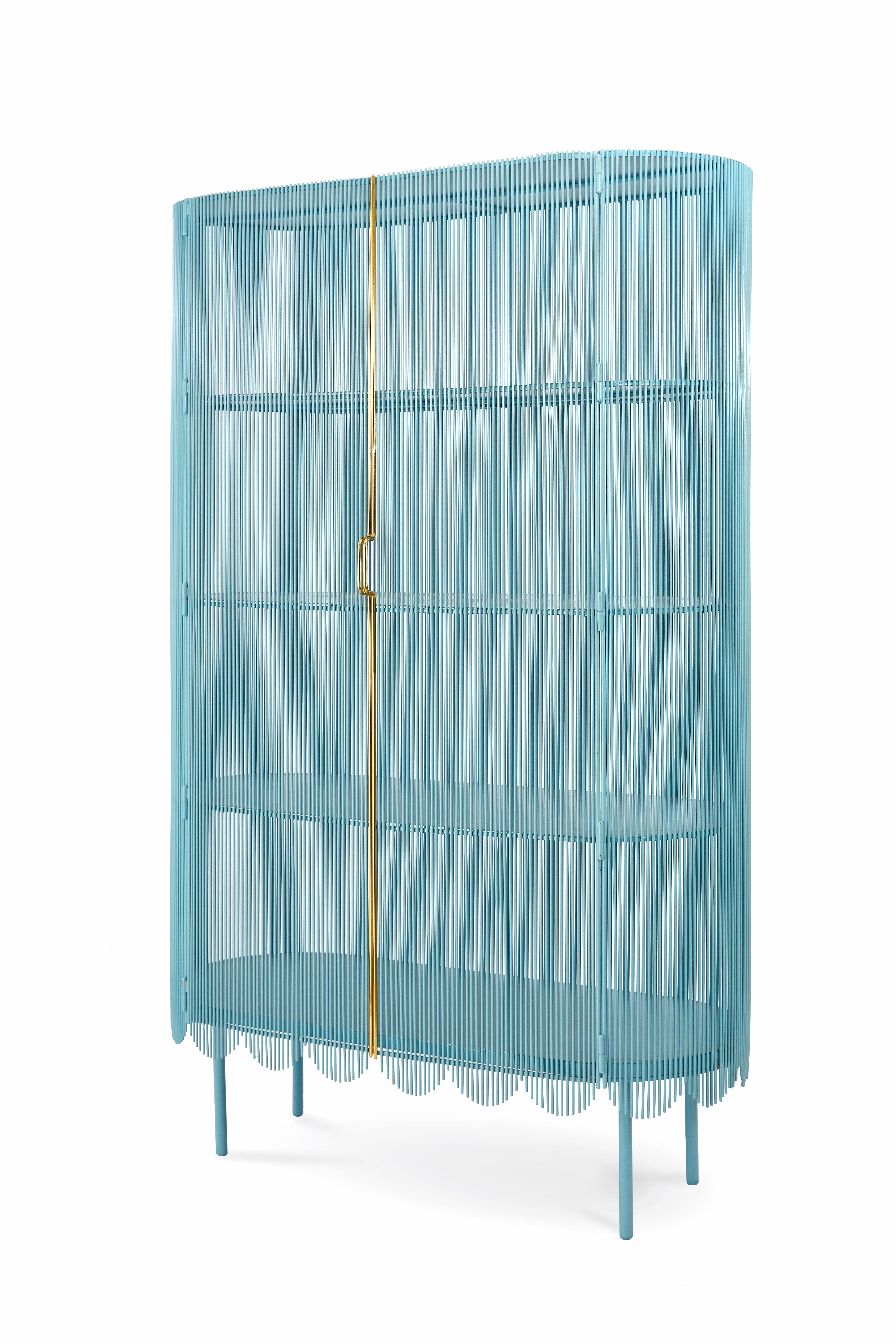 Hand-Crafted Strings Storage Cabinet Blue Gold by Nika Zupanc For Sale