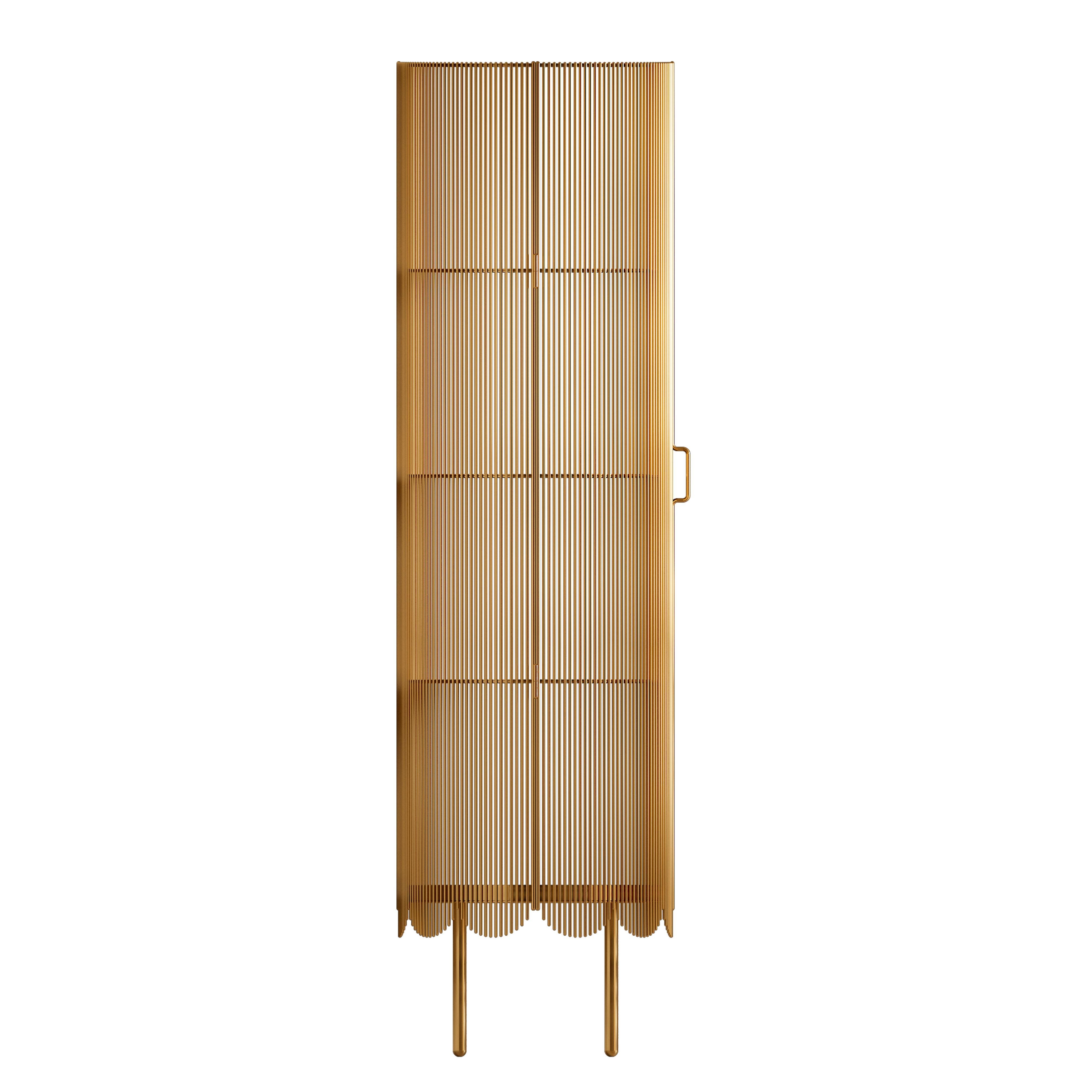 Strings storage cabinet gold by Nika Zupanc is a tall metal cabinet made of multiple steel 