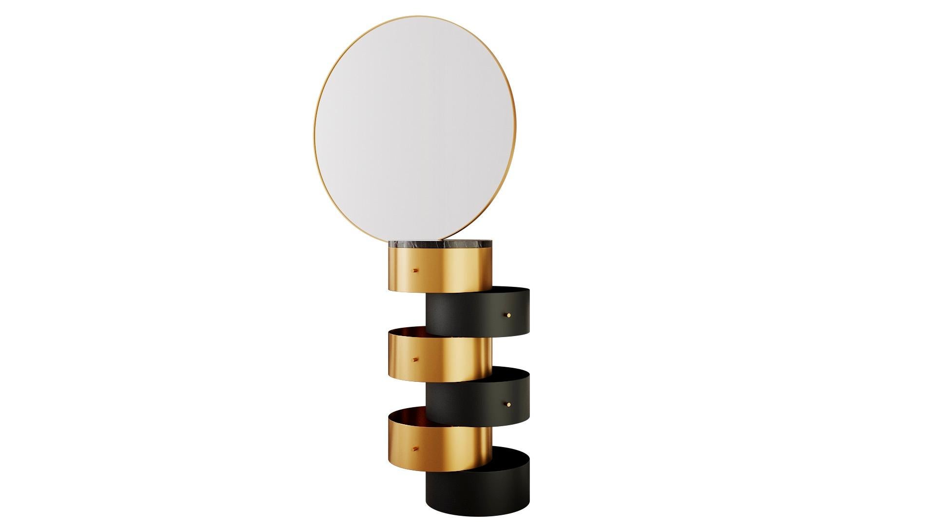 Strings gold and black metal vanity table with mirror by Nika Zupanc, is a vanity table with a surprising form - its circular metal drawers with a large mirror look stunning with the Strings Pouf. 

The word strings evokes a vision of lightness in