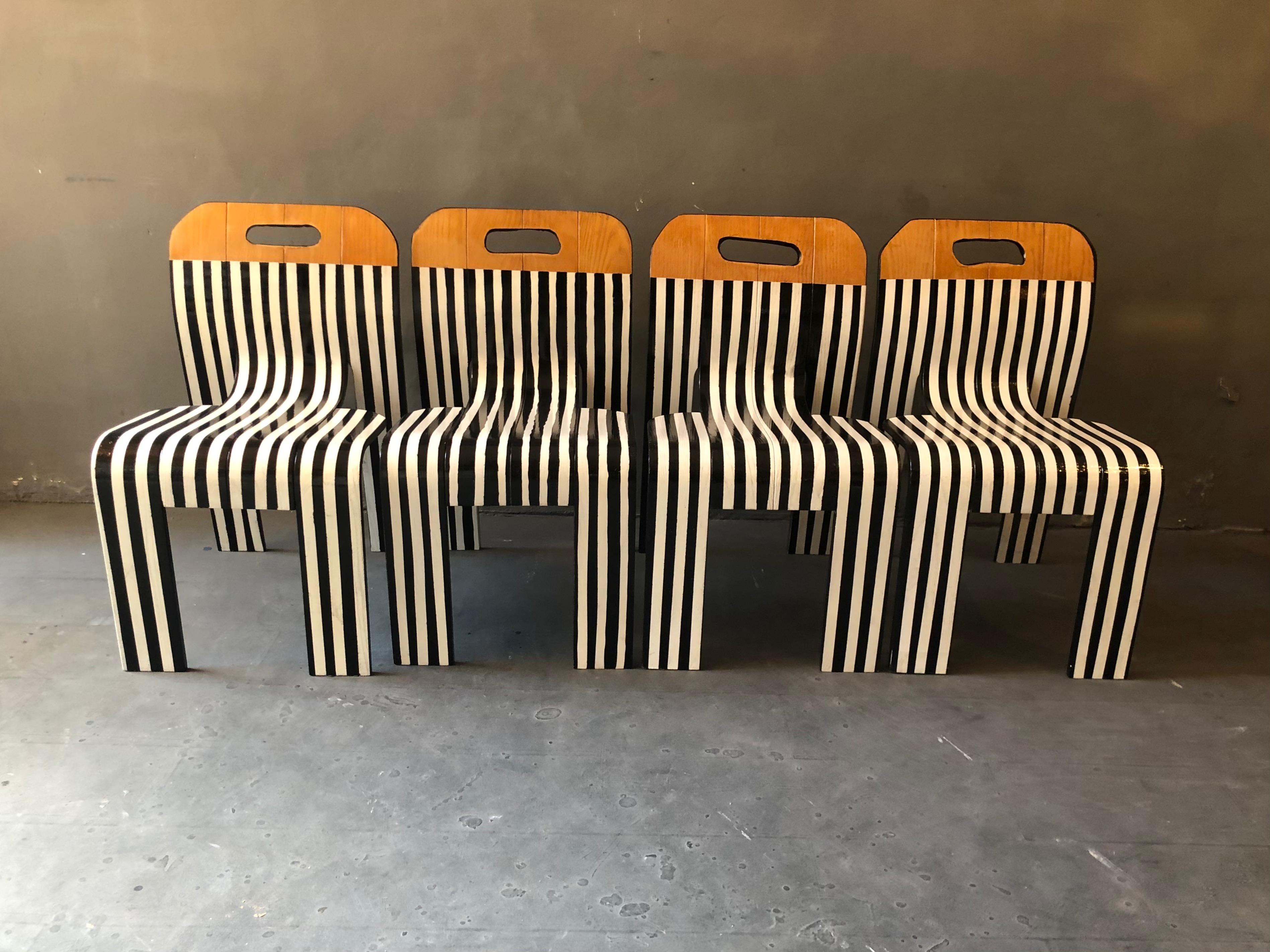 6 Strip Chairs by Gijs Bakker for Castelijn, contemporized by Markus Friedrich Staab, cut to change its original Industrial manufacture, griphole added, painted in black and white stripes, multi lacquered with high gloss lacquer.