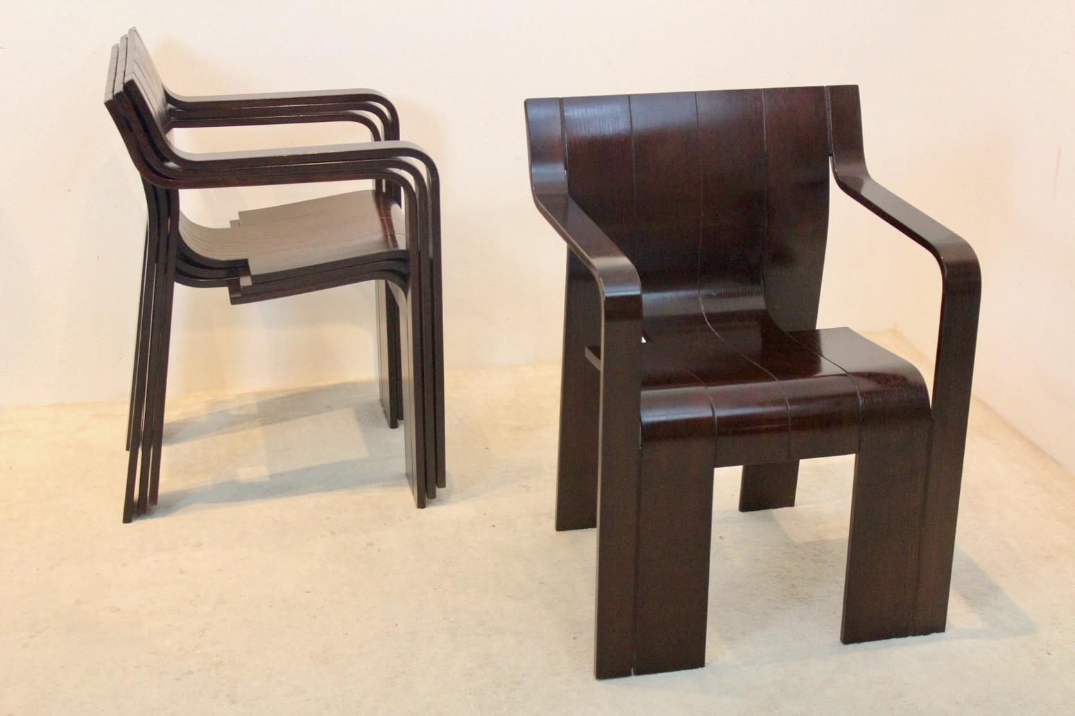 Chaises 'Strip' avec accoudoirs en bois de frêne brun foncé par Gijs Bakker pour Castelijn en vente 7