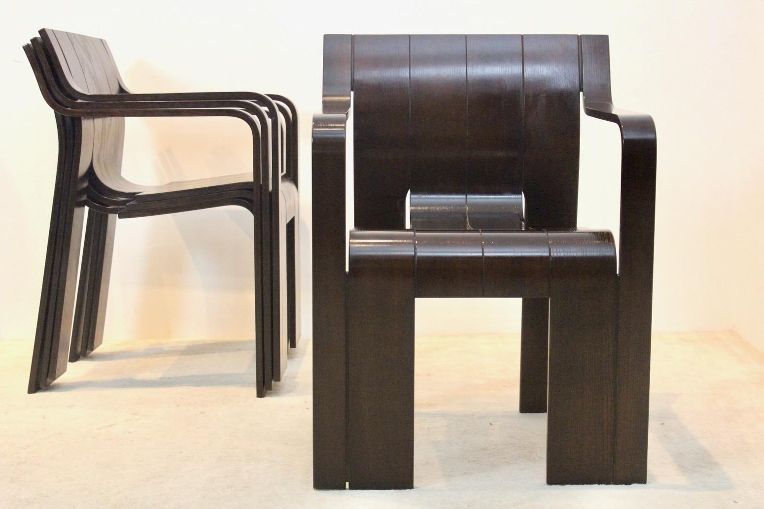 ‘Strip’ Chairs with Armrests in Dark-Brown Ashwood by Gijs Bakker for Castelijn For Sale 7