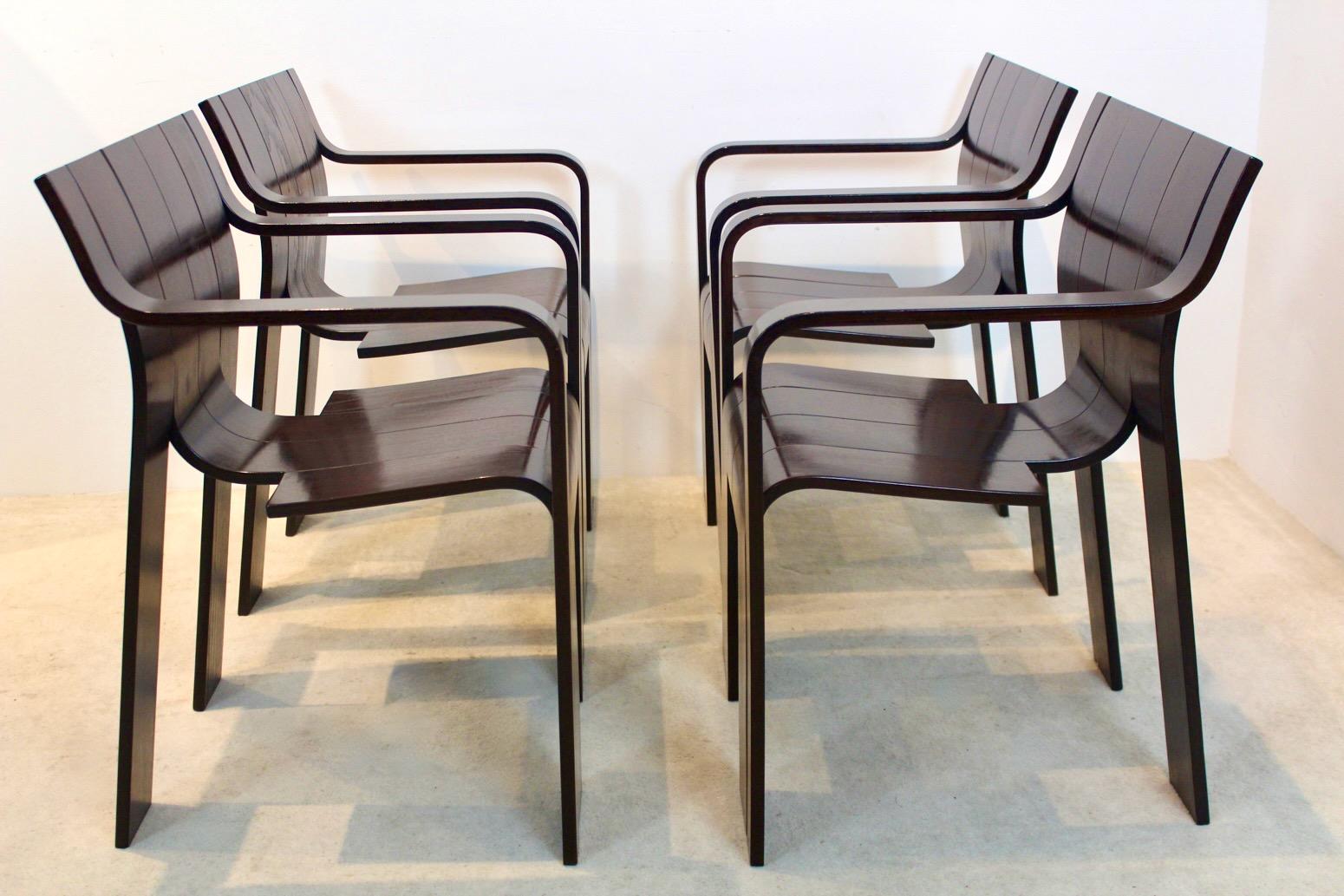 Mid-Century Modern ‘Strip’ Chairs with Armrests in Dark-Brown Ashwood by Gijs Bakker for Castelijn For Sale