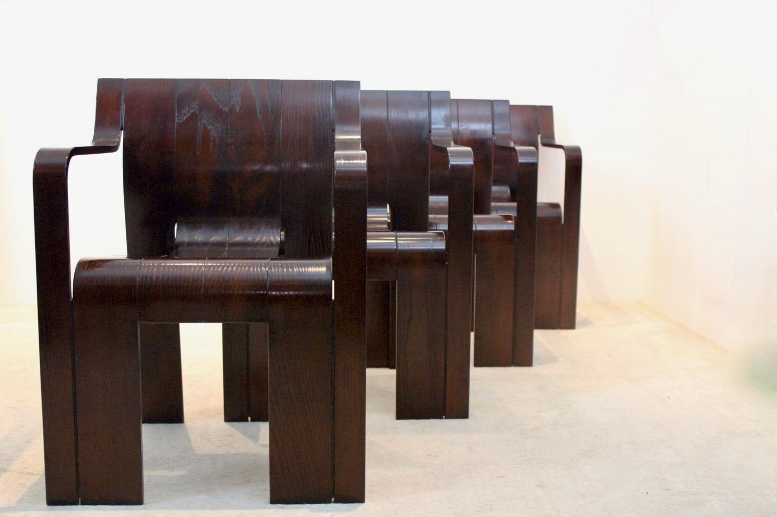 Wood ‘Strip’ Chairs with Armrests in Dark-Brown Ashwood by Gijs Bakker for Castelijn For Sale