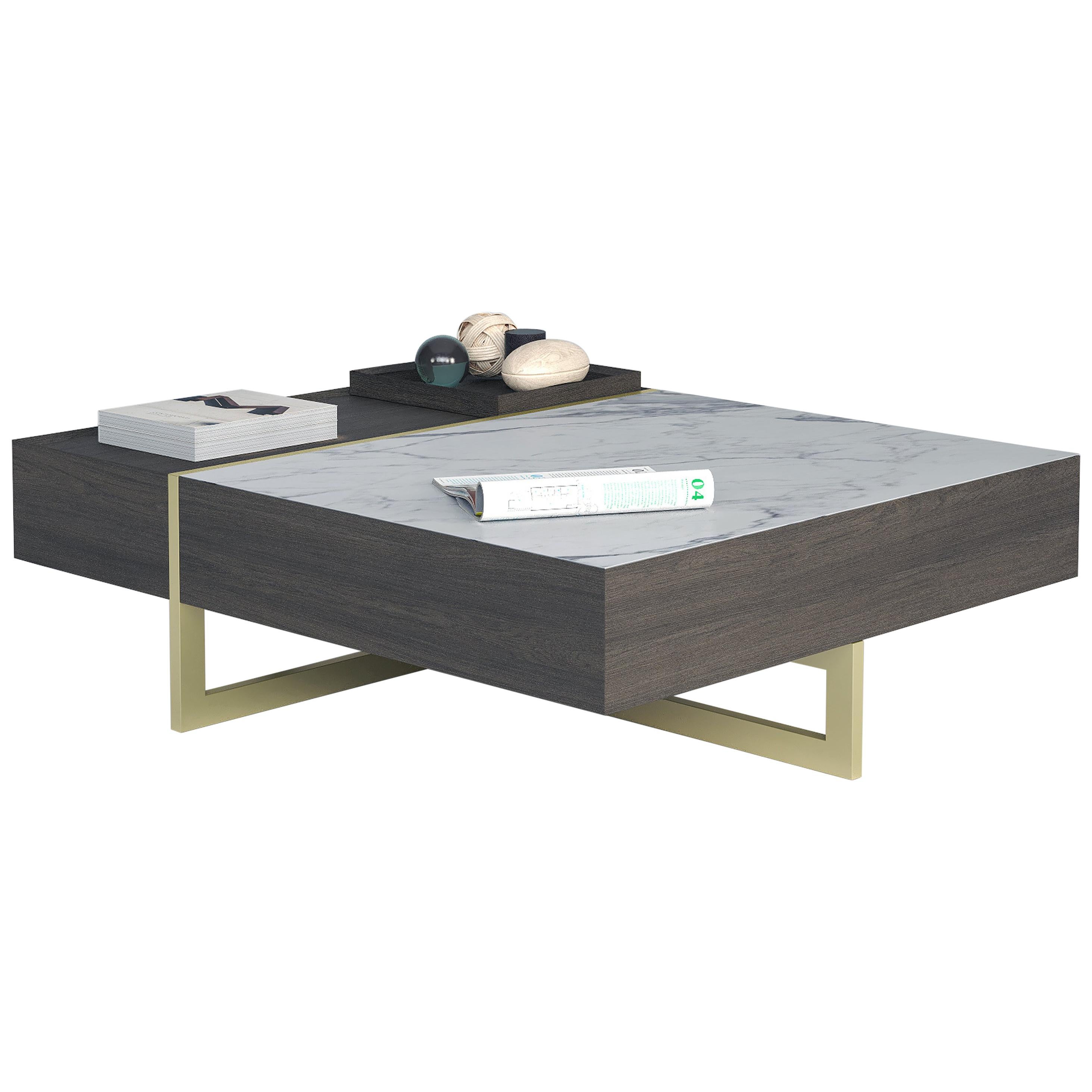 Stripe Coffee Table with Brass Legs and Marble Tabletop For Sale