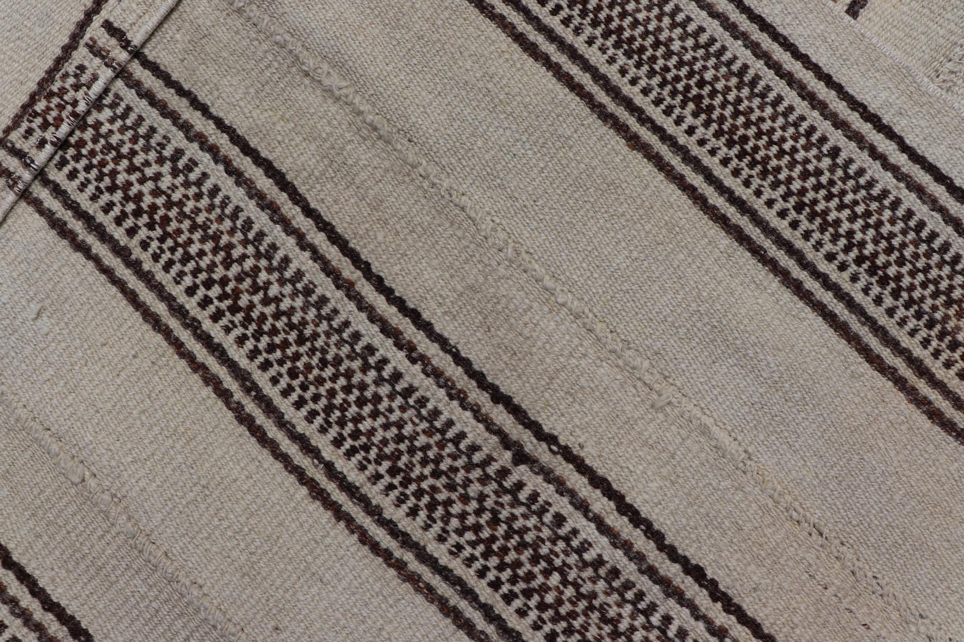 Stripe Design Turkish Vintage Flat-Weave Rug in Brown and Ivory  For Sale 3