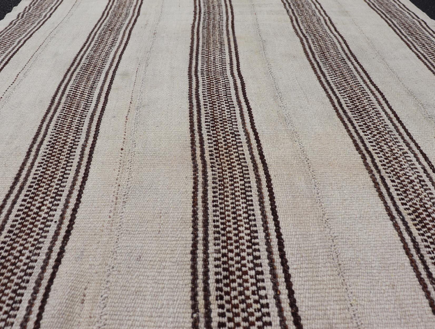 Kilim Stripe Design Turkish Vintage Flat-Weave Rug in Brown and Ivory  For Sale