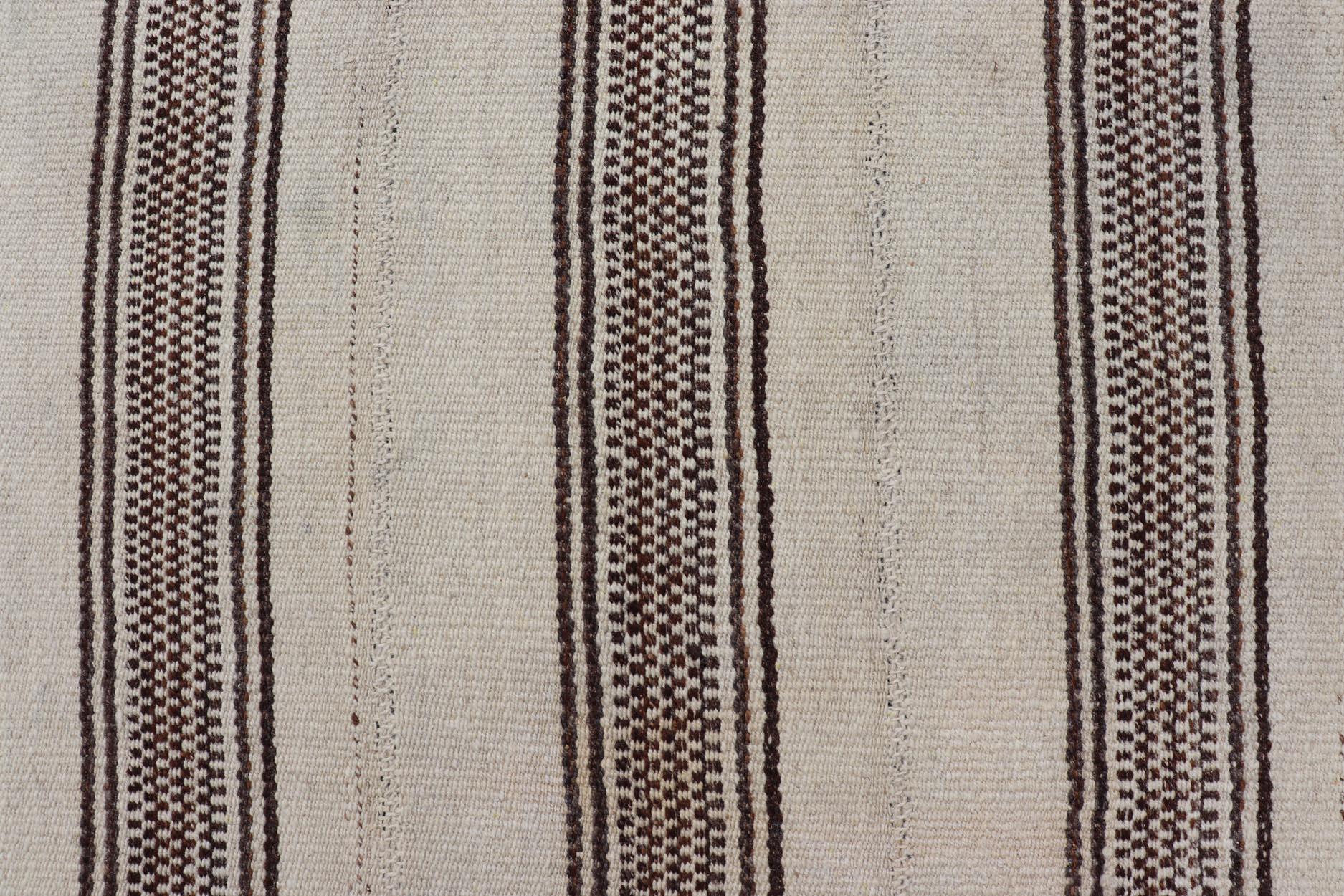 Hand-Woven Stripe Design Turkish Vintage Flat-Weave Rug in Brown and Ivory  For Sale