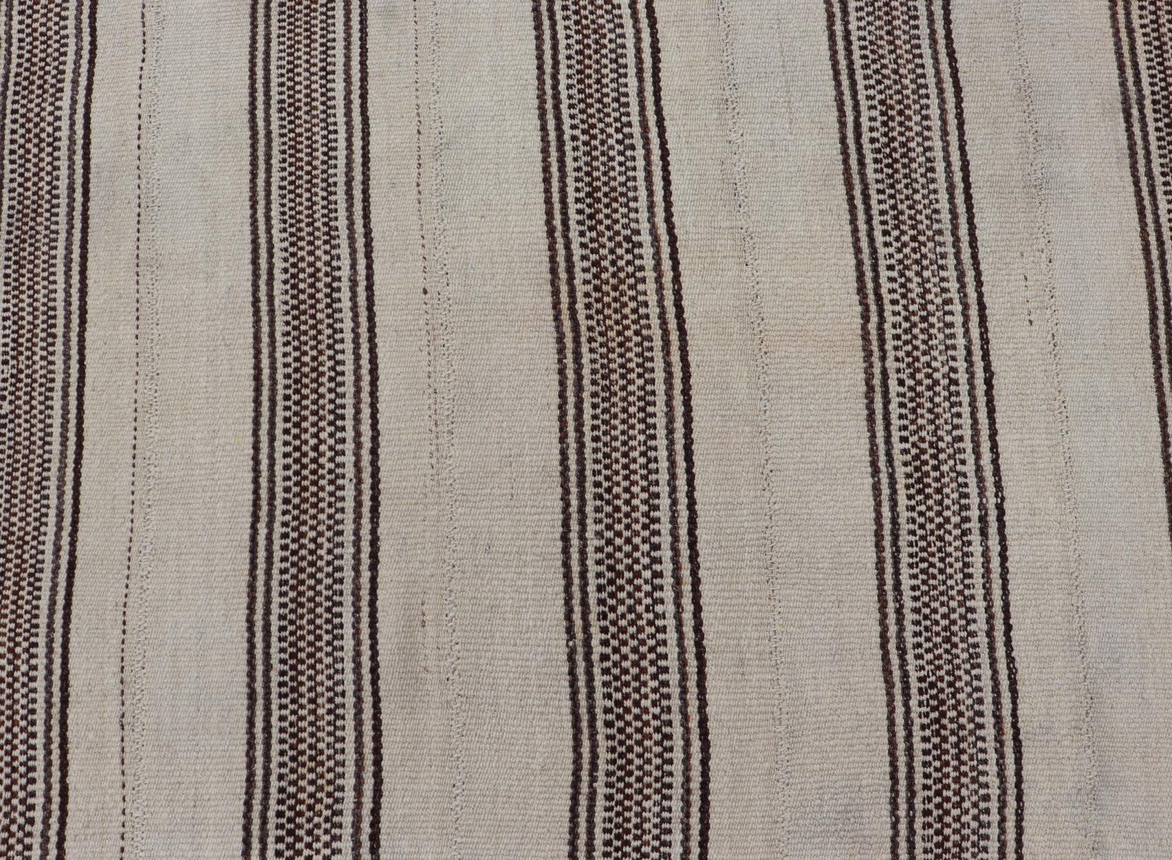 Stripe Design Turkish Vintage Flat-Weave Rug in Brown and Ivory  In Good Condition For Sale In Atlanta, GA