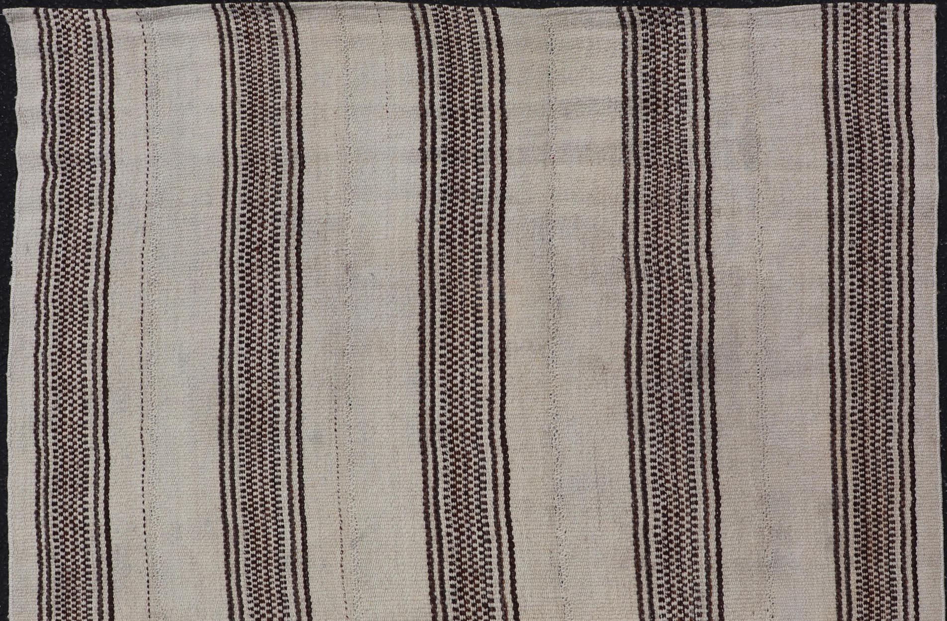 20th Century Stripe Design Turkish Vintage Flat-Weave Rug in Brown and Ivory  For Sale