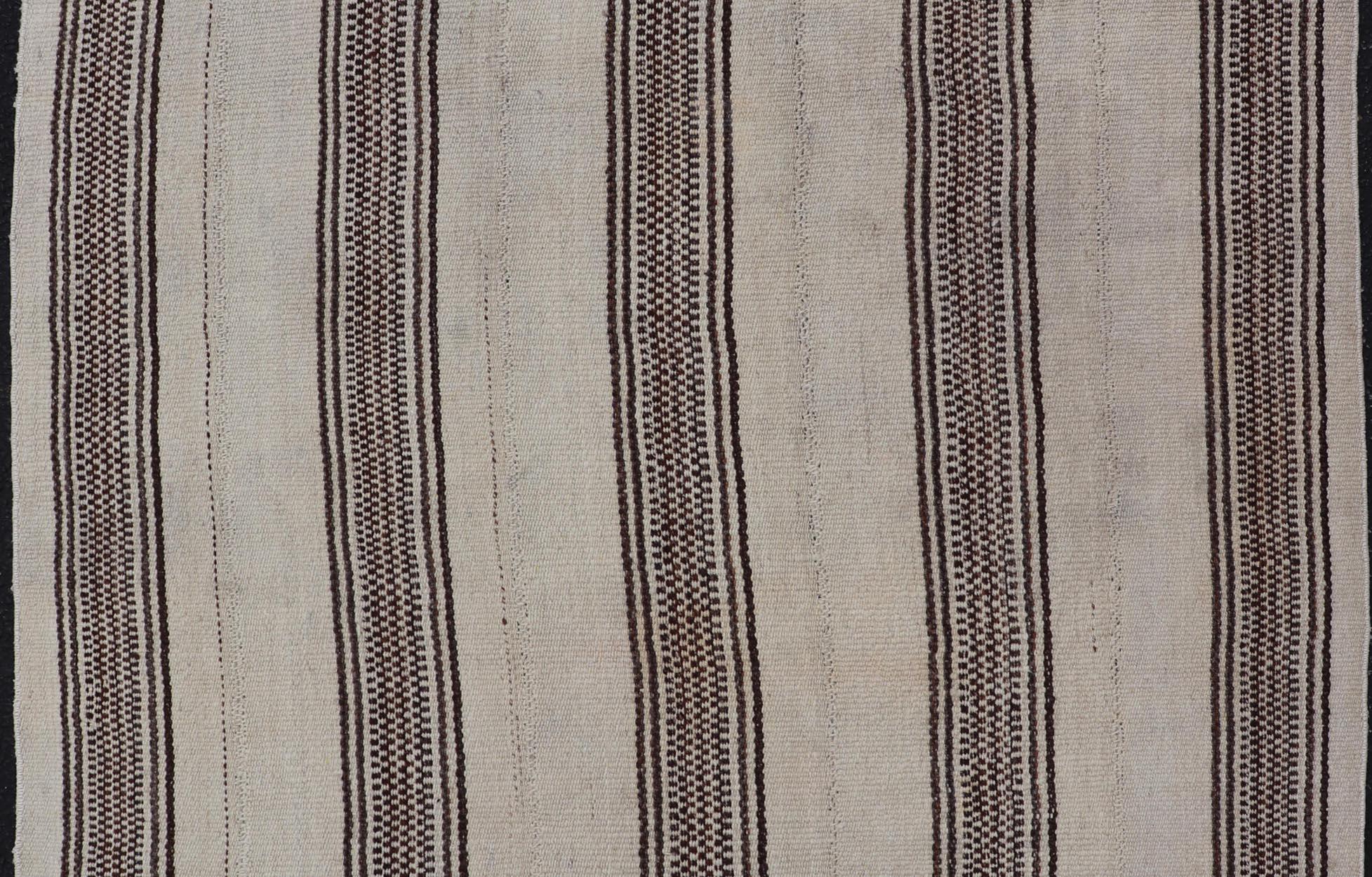 Wool Stripe Design Turkish Vintage Flat-Weave Rug in Brown and Ivory  For Sale