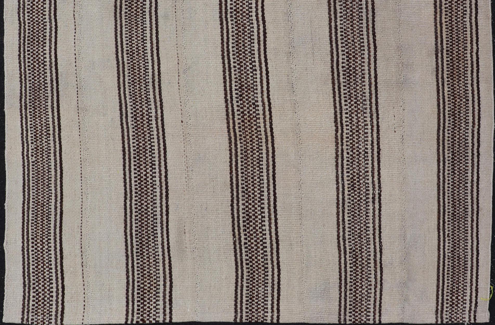 Stripe Design Turkish Vintage Flat-Weave Rug in Brown and Ivory  For Sale 1