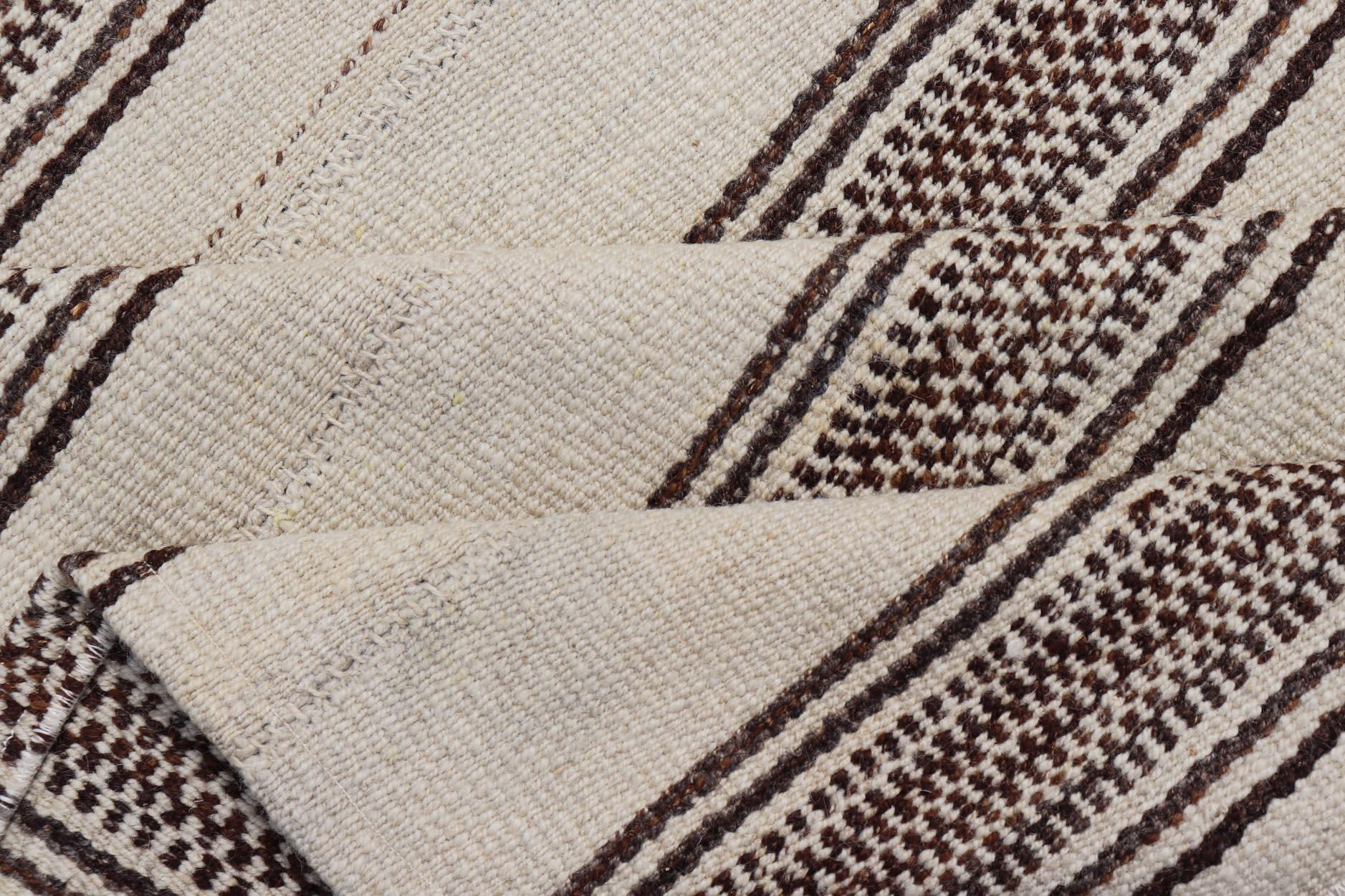 Stripe Design Turkish Vintage Flat-Weave Rug in Brown and Ivory  For Sale 2