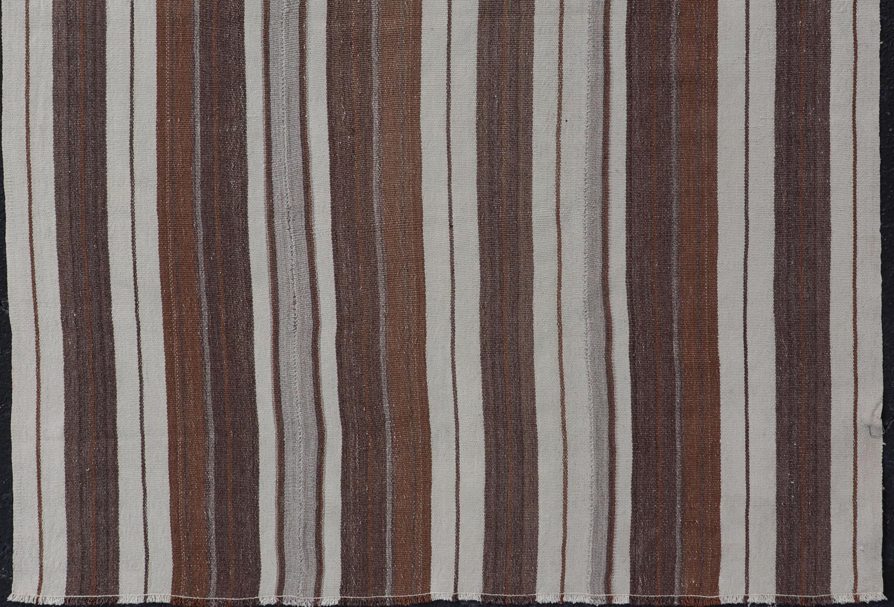 Stripe Design Turkish Vintage Flat-Weave Rug in Brown, Cognac, Ivory, and Gray In Good Condition For Sale In Atlanta, GA