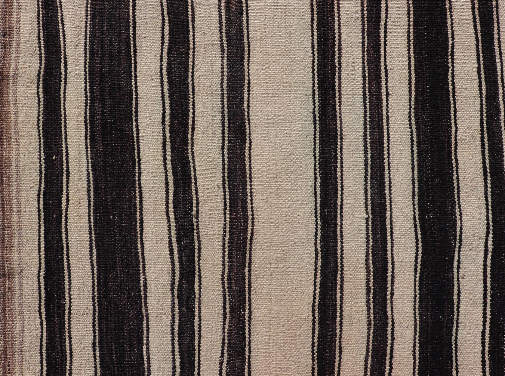 Wool Stripe Design Turkish Vintage Flat-Weave Rug in Dark Brown, Taupe, and Cream  For Sale