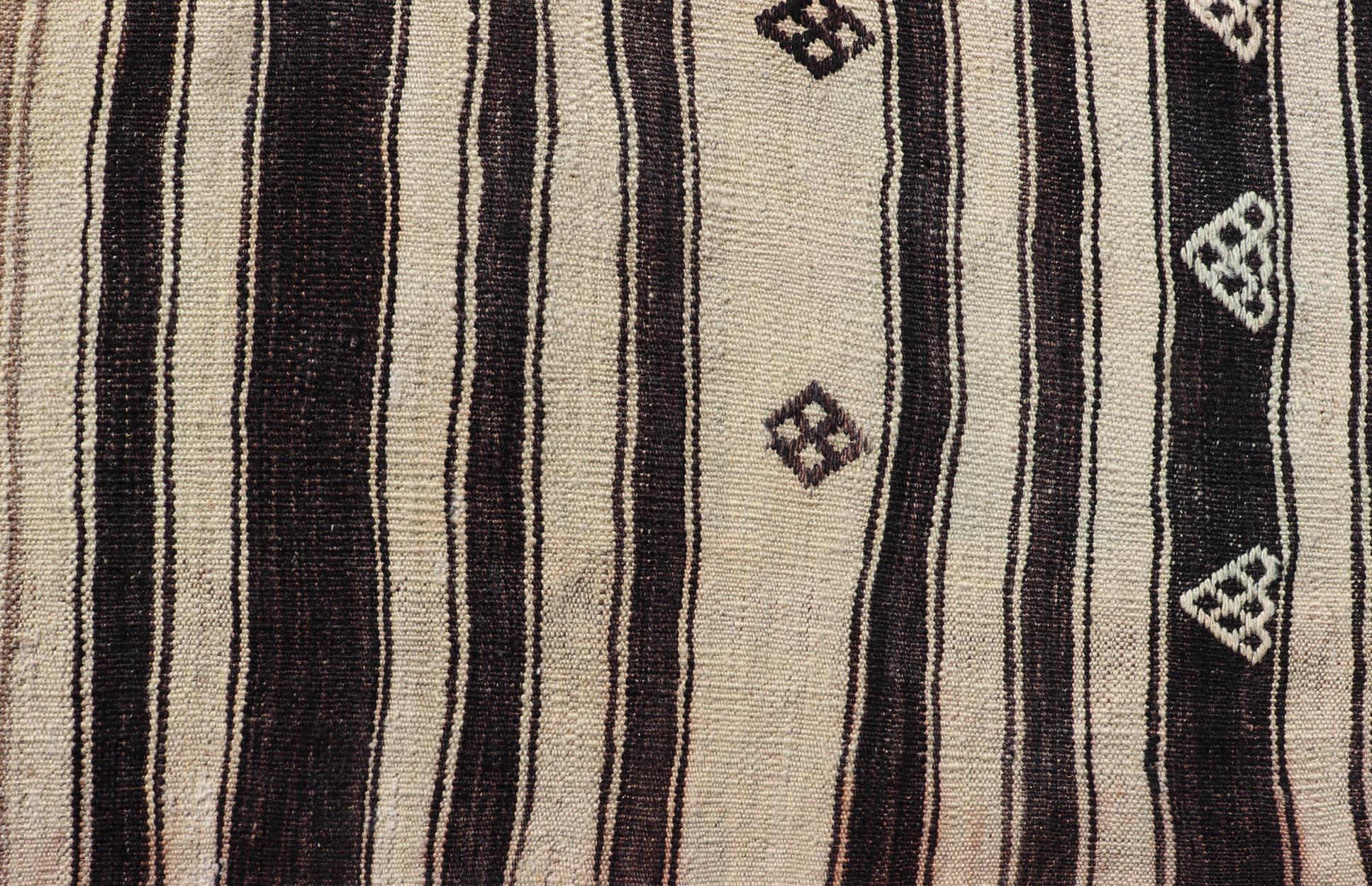 Measures: 2'11 x 4'10 
Stripe Design Turkish Vintage Flat-Weave Rug in Dark Brown, Taupe, and Cream. Keivan Woven Arts / rug KBE-221103, country of origin / type: Turkey / Kilim, circa 1950
This vintage flat-woven Kilim features a minimalist design