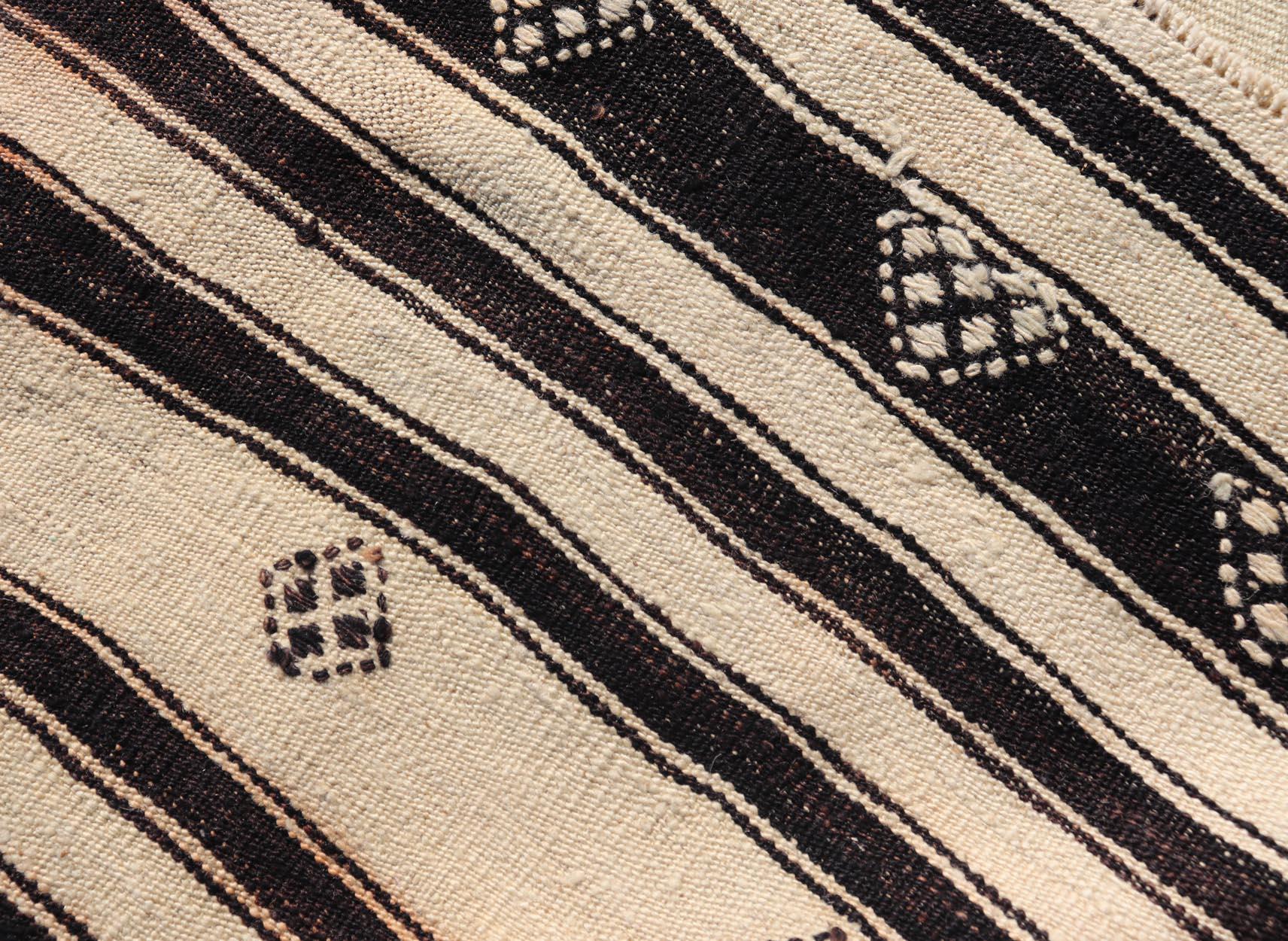Kilim Stripe Design Turkish Vintage Flat-Weave Rug in Dark Brown, Taupe, and Cream  For Sale