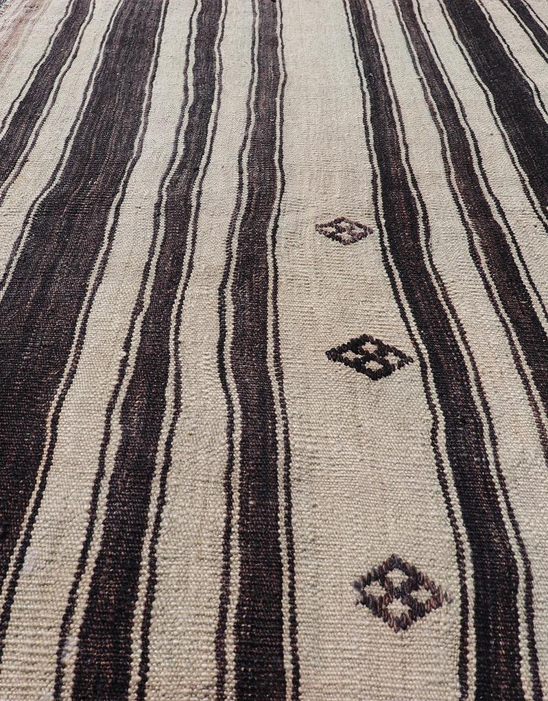 Stripe Design Turkish Vintage Flat-Weave Rug in Dark Brown, Taupe, and Cream  In Good Condition For Sale In Atlanta, GA