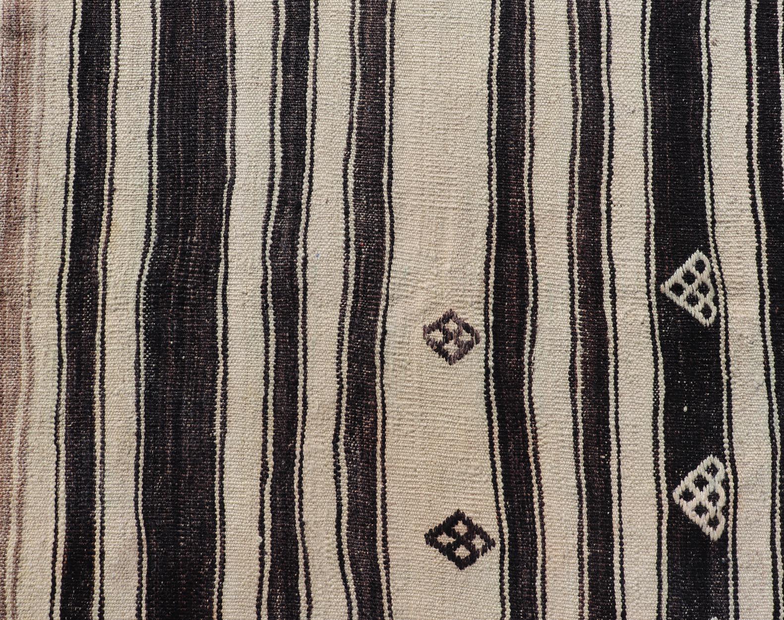 20th Century Stripe Design Turkish Vintage Flat-Weave Rug in Dark Brown, Taupe, and Cream  For Sale