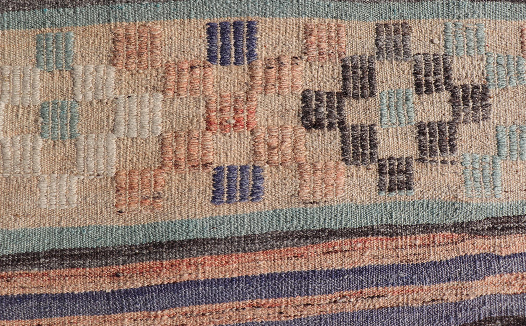 Measures: 3'1 x 5'7 
Stripe design Turkish vintage flat-weave rug in light green, purple, and peach. Keivan Woven Arts / rug TU-NED-5016, country of origin / type: Turkey / Kilim, circa 1960
This vintage Turkish Kilim rug features a contemporary