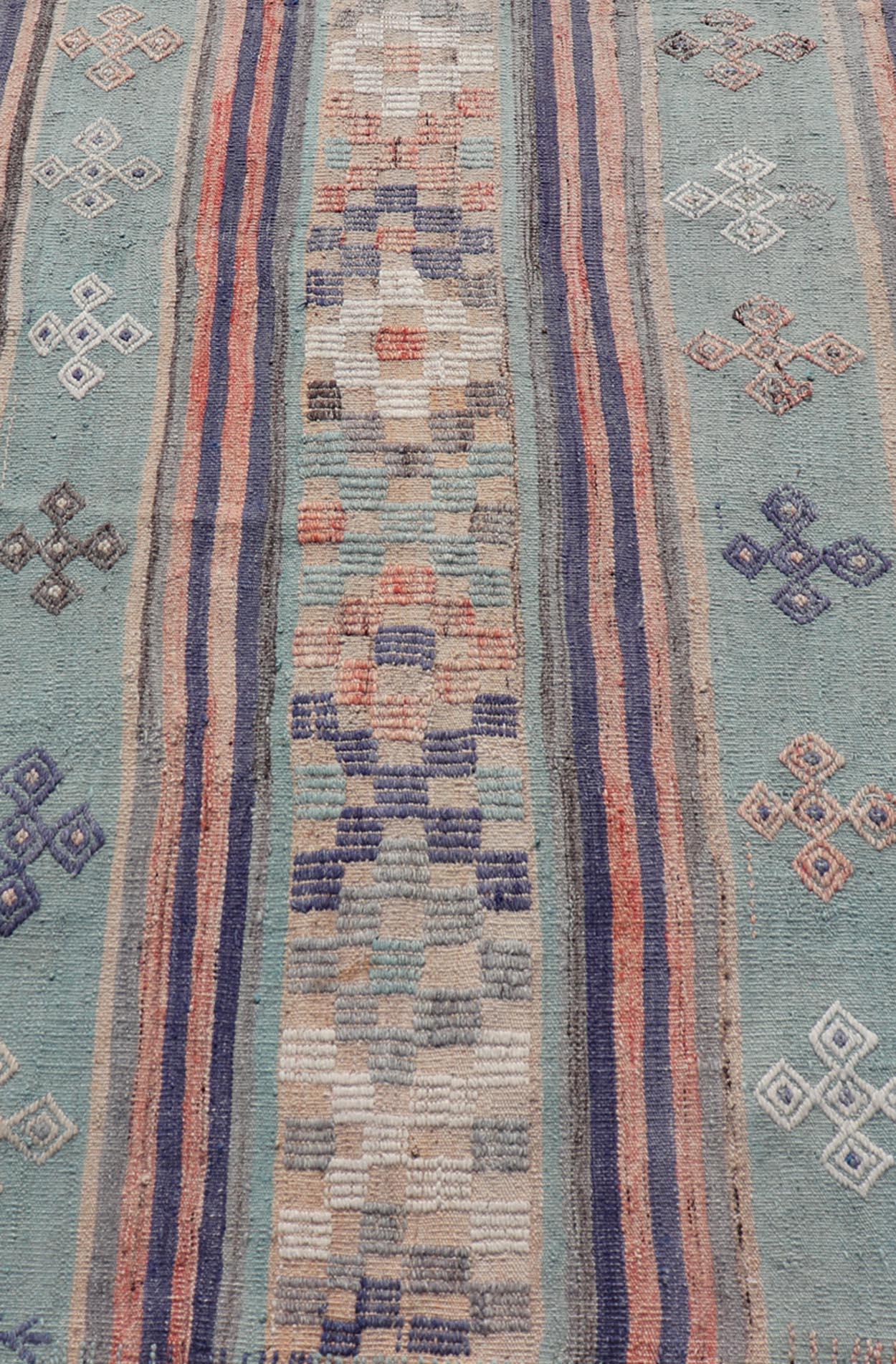 Measures: 3'6 x 5'5 
Stripe Design Turkish vintage flat-weave rug in light green, purple, and peach. Keivan Woven Arts / rug TU-NED-5018, country of origin / type: Turkey / Kilim, circa 1960
This vintage Turkish Kilim rug features a contemporary