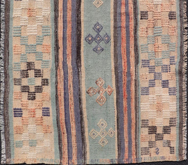 Stripe Design Turkish Vintage FlatWeave Rug in Light Green, Purple