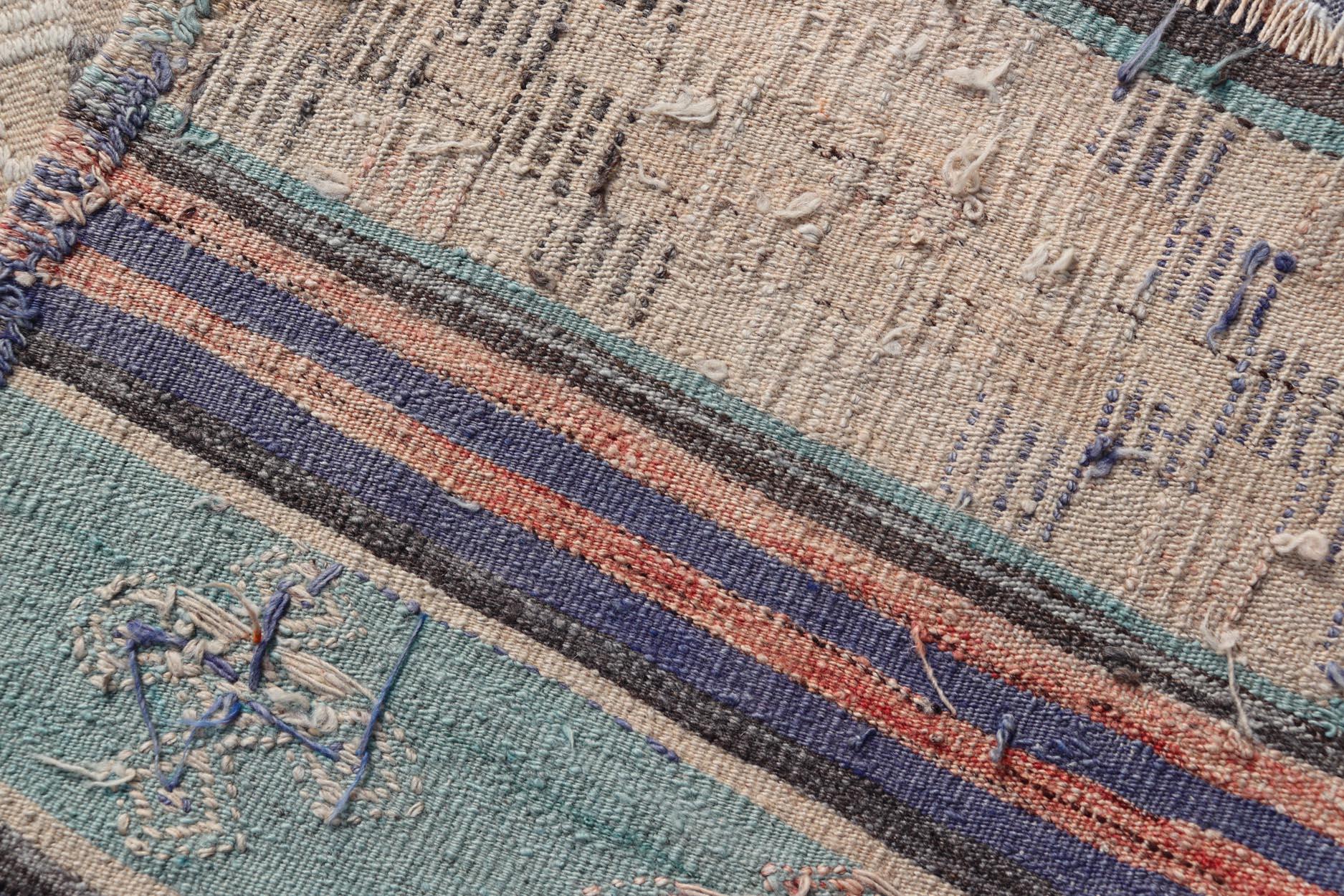 Stripe Design Turkish Vintage Flat-Weave Rug in Light Green, Purple, and Peach In Good Condition For Sale In Atlanta, GA