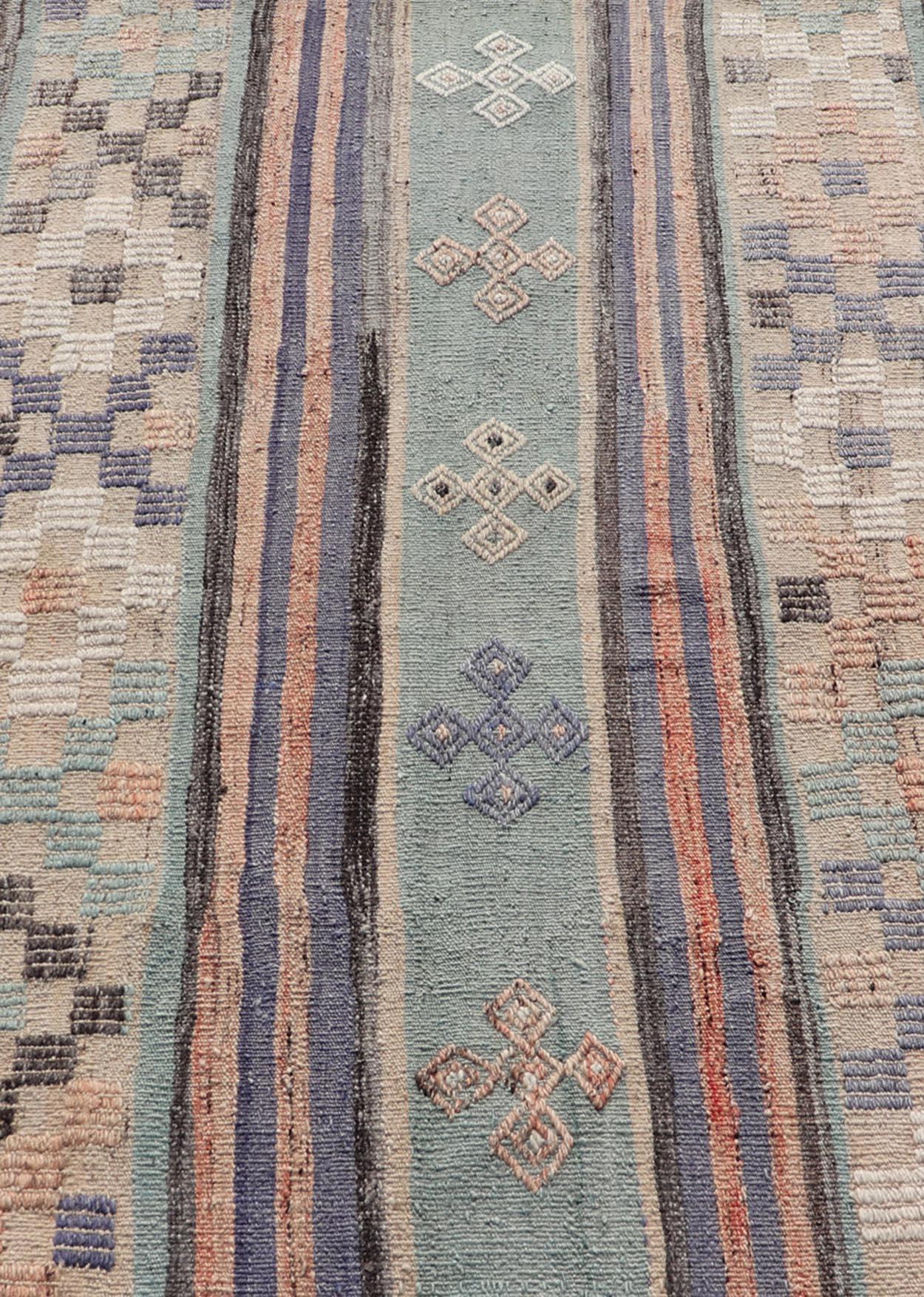 Wool Stripe Design Turkish Vintage Flat-Weave Rug in Light Green, Purple, and Peach For Sale