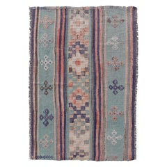 Stripe Design Turkish Vintage Flat-Weave Rug in Light Green, Purple, and Peach