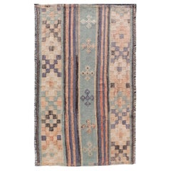 Stripe Design Turkish Vintage Flat-Weave Rug in Light Green, Purple, and Peach