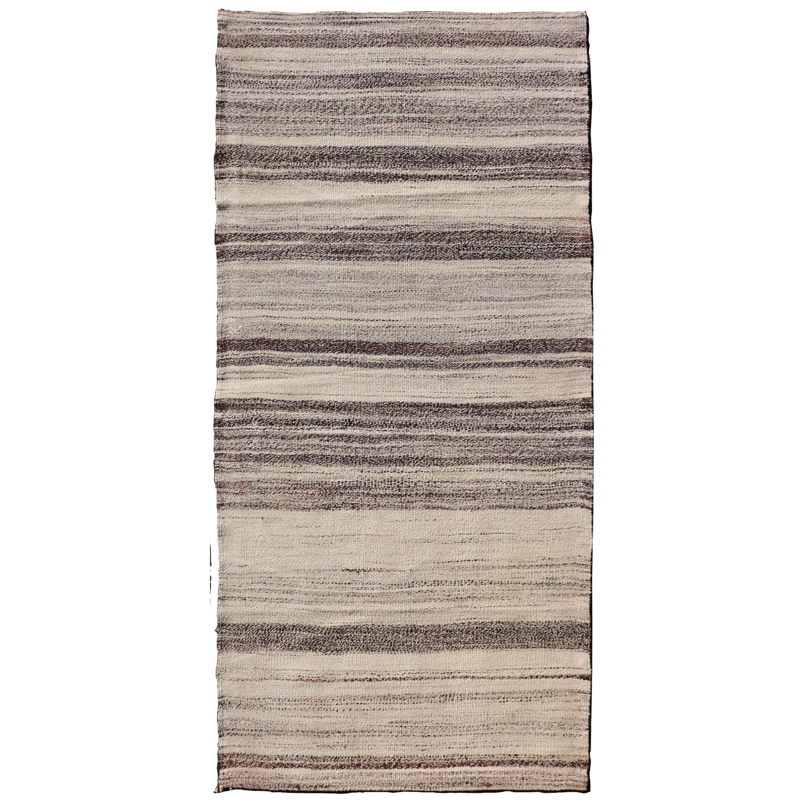 Stripe Design Turkish Vintage Kilim Rug in Shades of Ivory, Beige, and Brown
