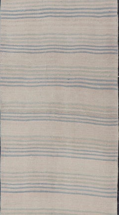 Stripe Design Turkish Vintage Kilim Runner in Shades of Ivory and Light Blue