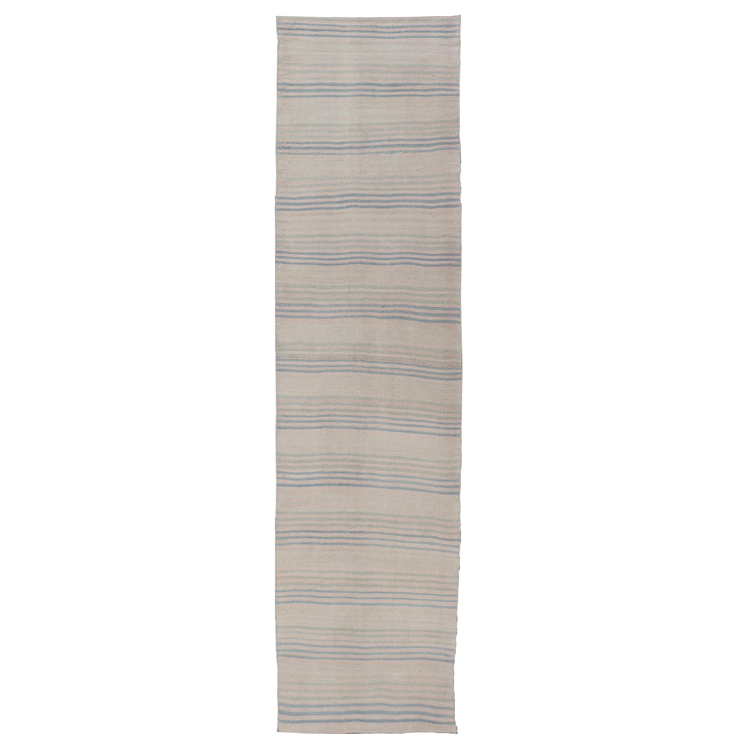 Stripe Design Turkish Vintage Kilim Runner in Shades of Ivory and Light Blue