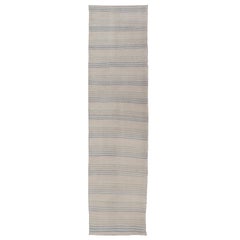 Stripe Design Turkish Vintage Kilim Runner in Shades of Ivory and Light Blue