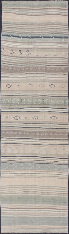 Stripe Design Turkish Vintage Kilim Runner in Soft Neutral Tones