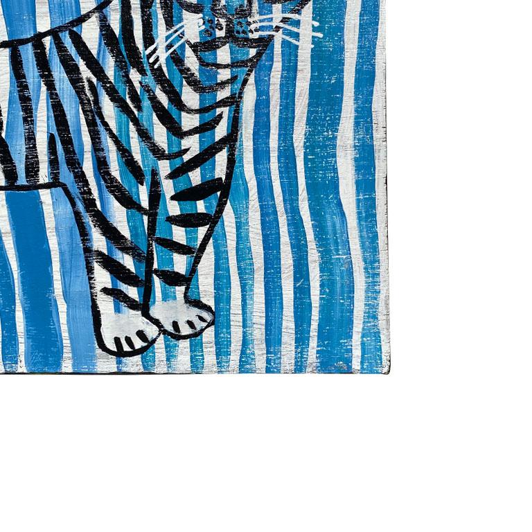 Artisanat Peinture d'art populaire tigre à rayures en bleu et noir sur bois en vente