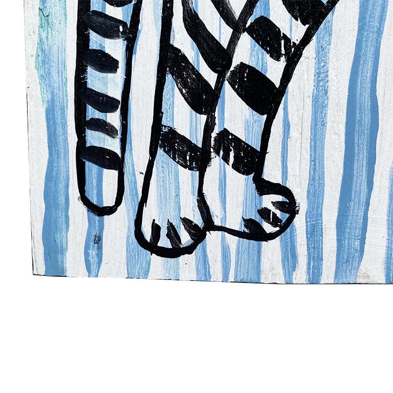 American Stripe Folk Art Tiger Painting in Blue and Black on Wood