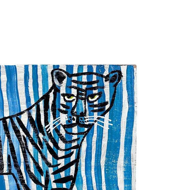 Américain Peinture d'art populaire tigre à rayures en bleu et noir sur bois en vente