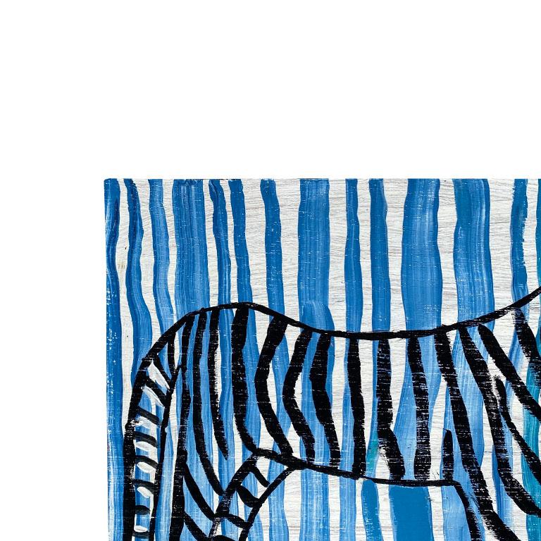 American Stripe Folk Art Tiger Painting in Blue and Black on Wood For Sale