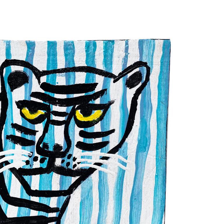 Contemporary Stripe Folk Art Tiger Painting in Blue and Black on Wood