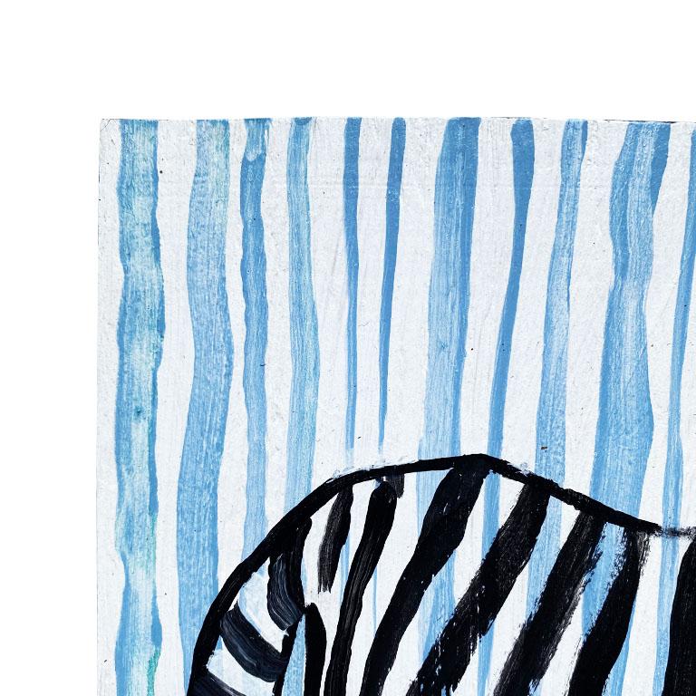 Stripe Folk Art Tiger Painting in Blue and Black on Wood 1