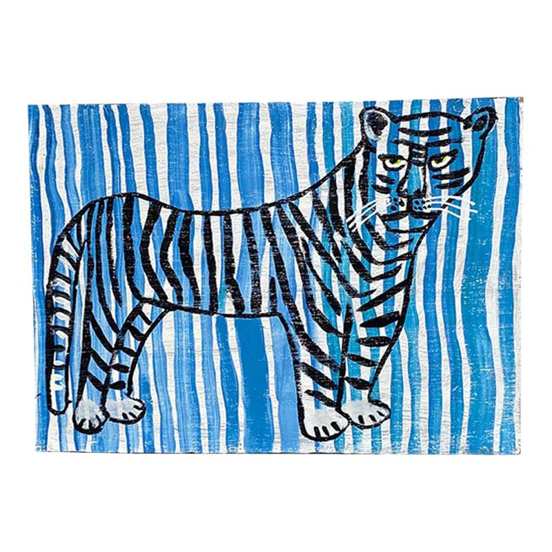 Stripe Folk Art Tiger Painting in Blue and Black on Wood For Sale