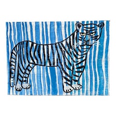 Streifen-Volkskunst-Tiger-Gemälde in Blau und Schwarz auf Holz